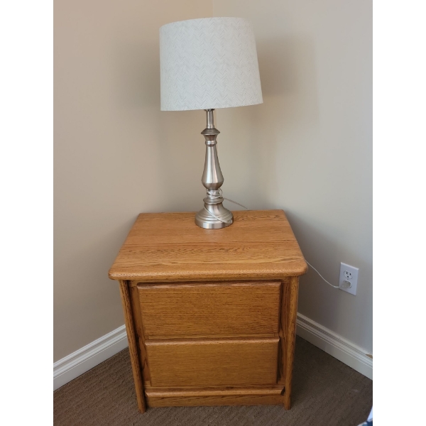 Brushed Nickel Table Lamp w/ Oak Bedside Table 24x20x22