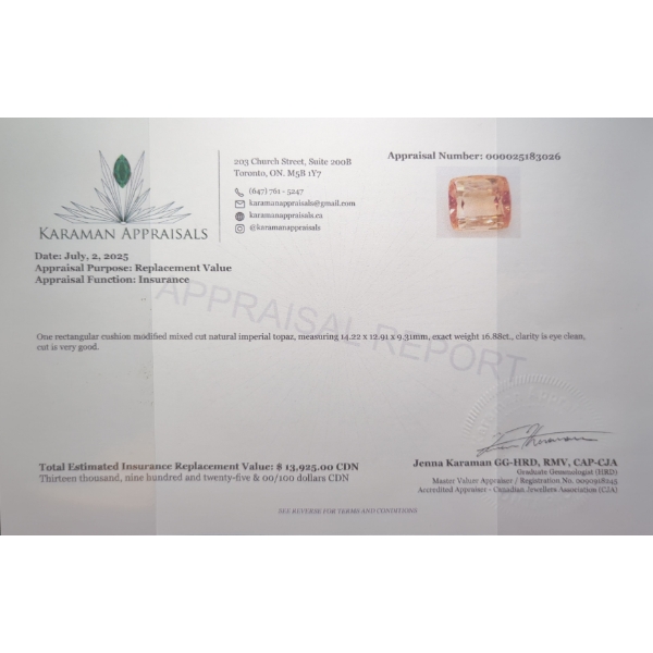 16.88 ct Certified Imperial Topaz gemstone ($13,925 Appraisal)