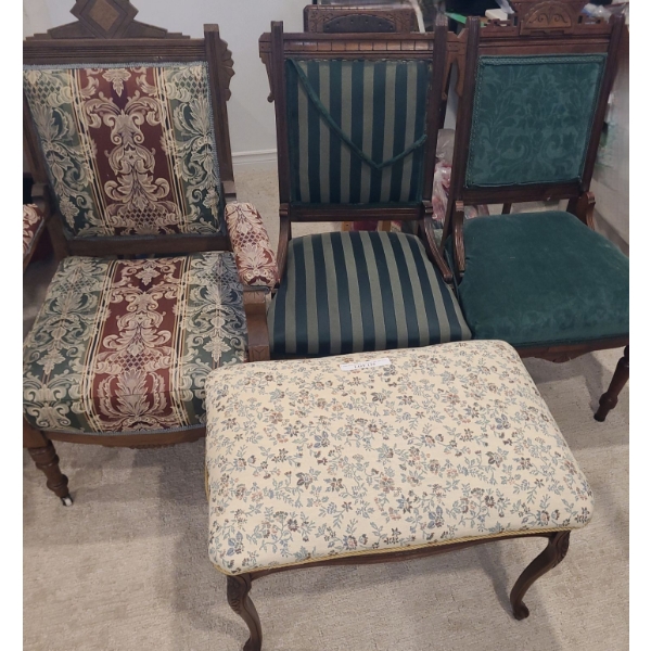 3 Chairs & Bench.  Armchair 24 w 21 d 38 1/2 h.  Bench 26 w 18 d 18 h.  2 Chairs 19 w 17 1/2 d 37 h
