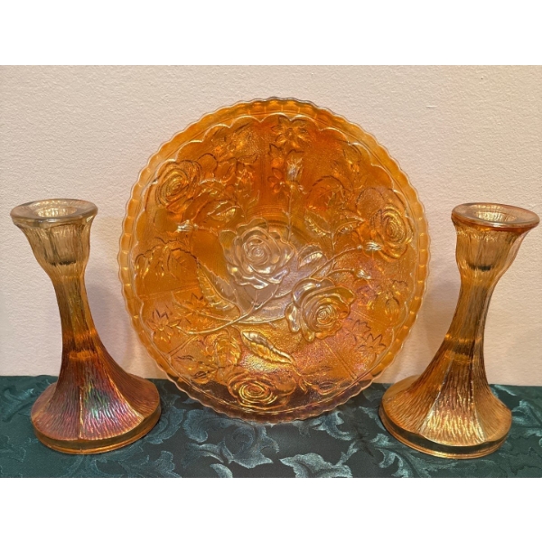 Tree Bark Pair of Marigold Carnival Glass Candlesticks & Prism  Band Jeanette Glass Co.