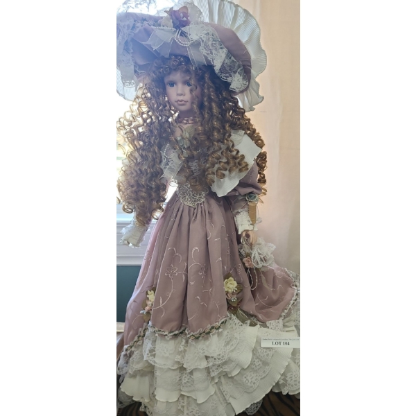 Large Porcelain Doll w Rose Colour Victorian Gown  38 h