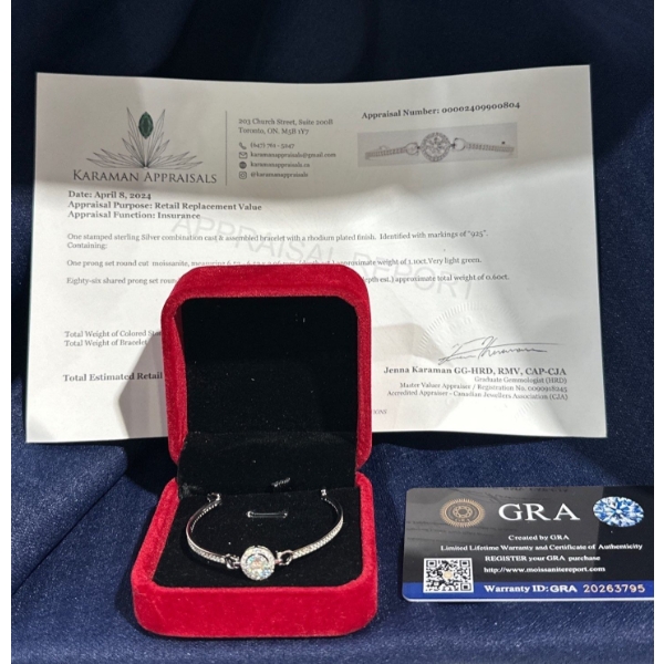 1ct Round Moissanite with 86 Cubic Zirconium Chips Set in Sterling Silver Bracelet