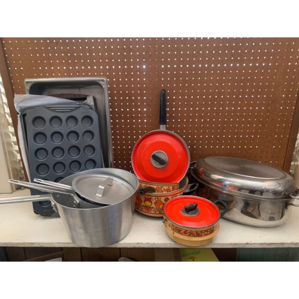 Commercial pot set, vintage pot set, muffin tins, roasting pan and more 