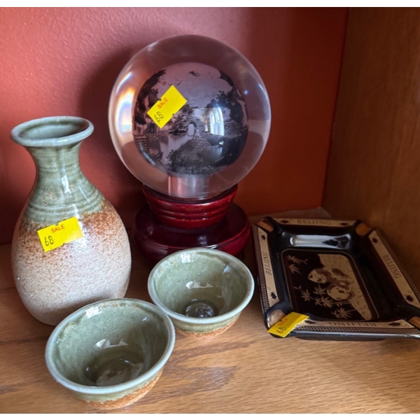 Oriental Decorative Globe, Beijing Plate, Small Stoneware Vase & Bowls 