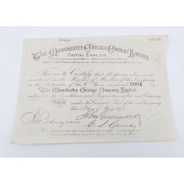 Vintage Document Is An Original 1879 Share Certificate For "The Manchester Carriage Company Limited