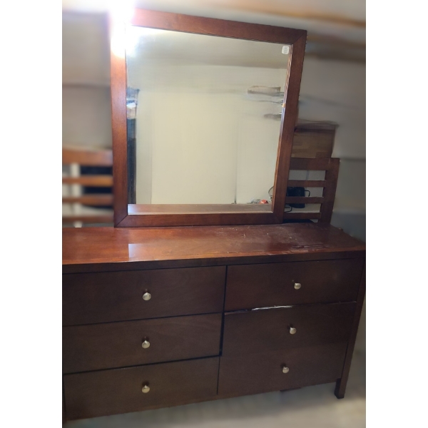Six Drawer Dresser 58 W, 16.5 D, 38.5 T, Attached Mirror 37 x 39.5, Rails 63W,  50 T Head, 33 Foot
