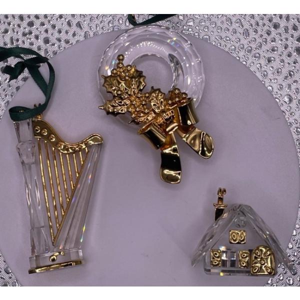 Swarovski Crystal 2 Christmas Ornaments Harp and Wreath and a Cabin