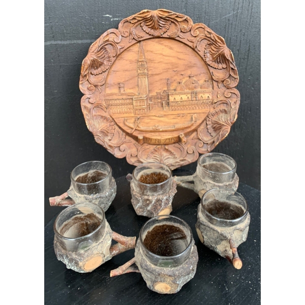 Antique Wooden/Glass Mini Glasses (6) + Wooden 'Venezia' Art Decoration 