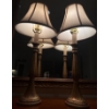 Image 2 : Vintage Brass Finish Candlestick Table Lamps w/ Fabric Shades (Tested)