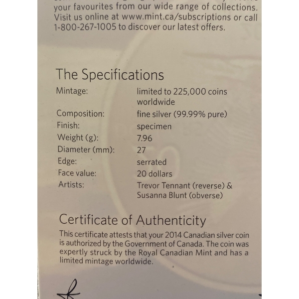 2014 Canadian $20 Fine Silver Coin Featuring Migrating Goose