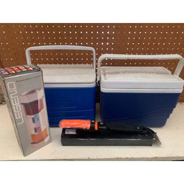 set of mini coolers, new flashlight, new Cutco Fishing knife 