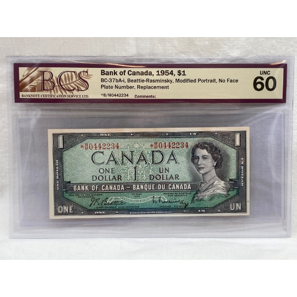 Graded Canadian 1954 Mod. Portrait $1 UNC Prefix: *B/M