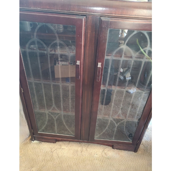 Antique Wooden Display Cabinet w/ 4 Shelves and Ornamental Glass Doors 40 W, 12 D, 48 T