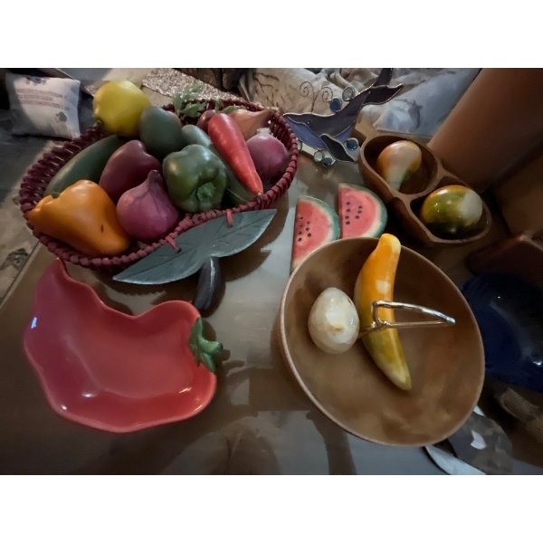 Marble fruits and vegetables, basket with plastic vegetables, chili pepper dish, and a vintage clay 