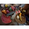 Image 1 : Marble fruits and vegetables, basket with plastic vegetables, chili pepper dish, and a vintage clay 