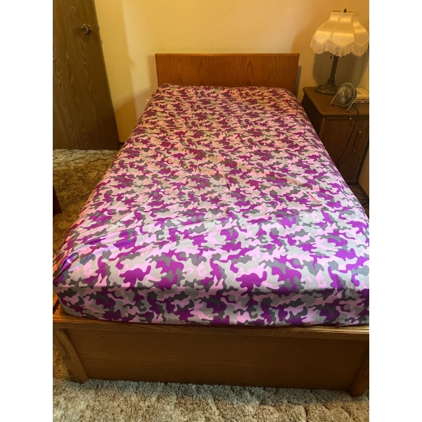 Custom Made Oak Twin Bed With Storage Easy Open Drawers On The Underside, Mattress And Side Table In