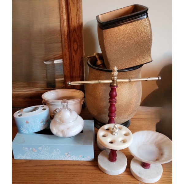 Vanity Sets- Golden: Large Vase 7.5" Diameter Top,10.5 T, Nicole Miller Glass and Assorted Pieces