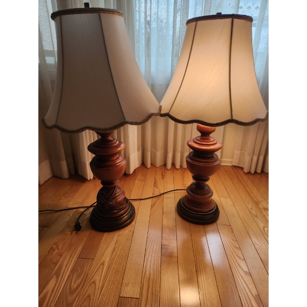 Vintage Table Lamps with Wooden Bases and Fabric Shades, 27 Inches Tall