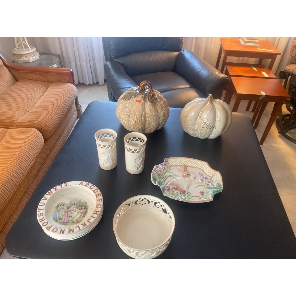 Large Ceramic Pumpkins (2), Lenox Cups and Bowl, Fitz and Floyd Rabbit Dish, Nerich & Co Decorative 