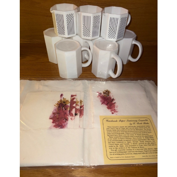 Geometric Milk Glass France Arcopal Octagonal Cafe Mugs w/ Handmade Floral Stationary 