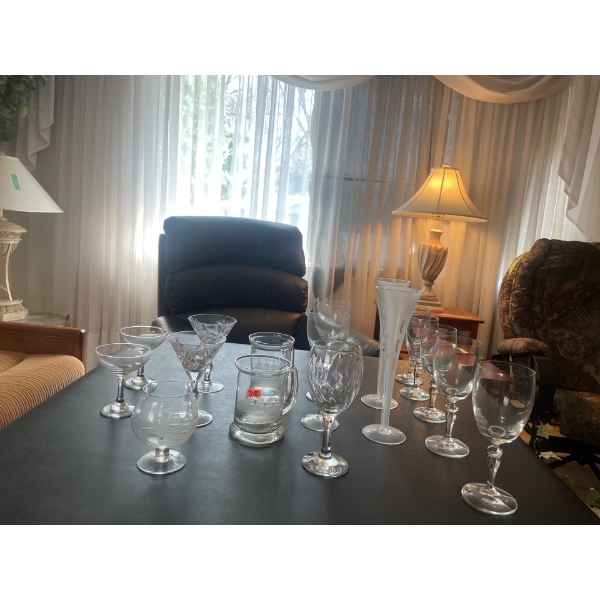 Assortment of Glass and Crystal, Champagne Flats (2), Brandy Snifter (1), Wine Glasses (8), Champagn