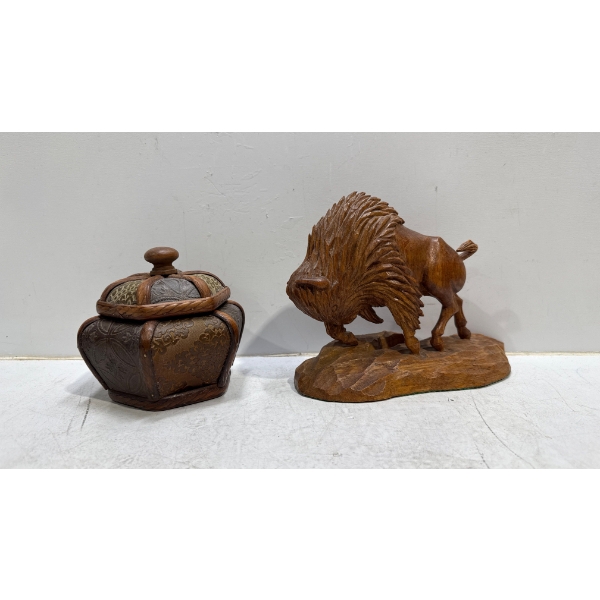 Wooden Trinket Box and Buffalo Carving