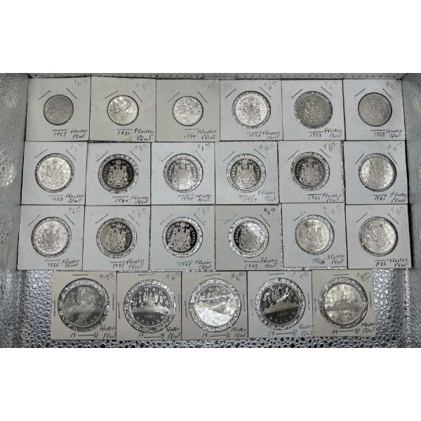 Collection of Canadian Nickel Dollars, Half Dollars and Quarters in Labelled Sleeves