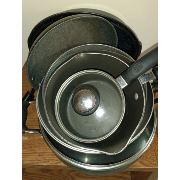 Collection Of Kitchen Cookware  Pots, Pans & Roaster w/ Small Microwave Stand  T-Fal, Kitchen-Aid & 