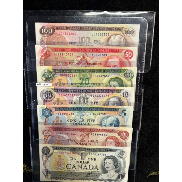 Canadian 1970's Coloured Bank Notes Uncirculated $100,$50,$20,$10,$5,$2,$1