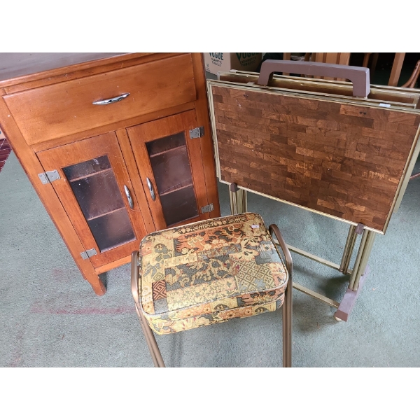 Wooden Storage Cupboard with 1 Drawer and  Shelves 37 T, 28 L, 15 W also Stools and TV Trays