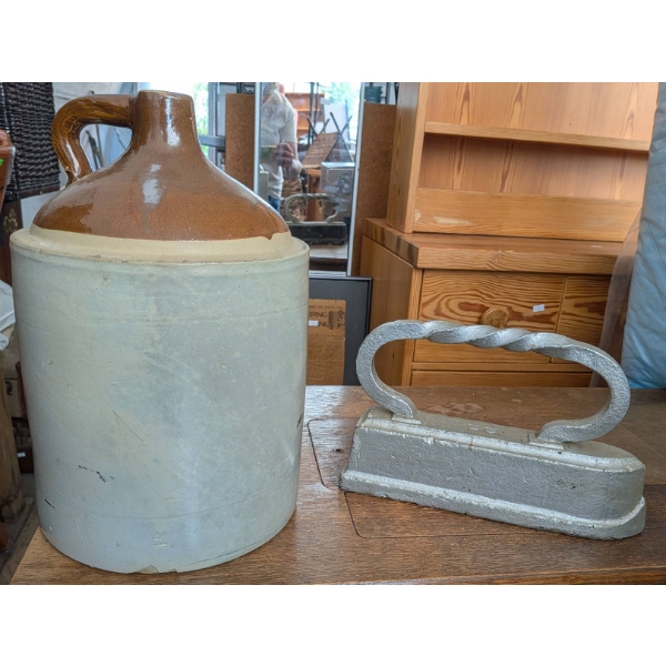 Stoneware Jug (Red Wing Union) and Large Flat Iron