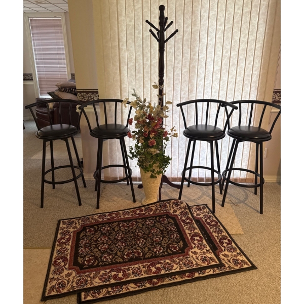 Home Essentials - 4 Bar Stools 2 Woven Rugs 1 Mahogany Coat Tree & Plaster Vase