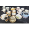 Image 2 : Yellow Striped Teaset: Teapot 6.5 W, 4 D, 4 T, Blue Teapot 3.5 T, Assorted Cups and Saucers