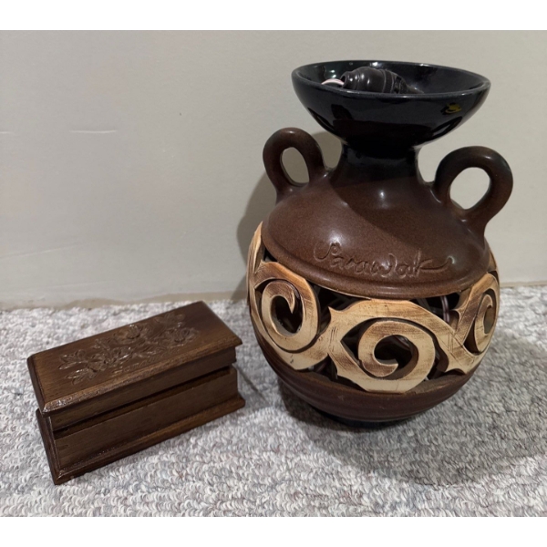 Hand Carved & Painted Decorative Light  By Sarawak (10T) w/ Sarawak Hand carved Wooden Trinket Box 