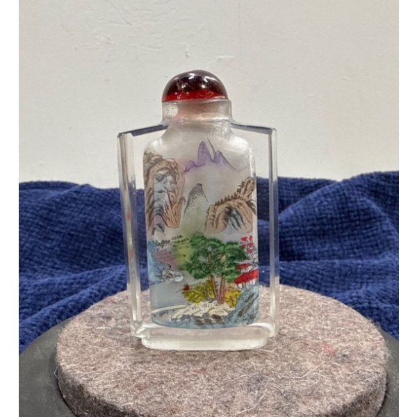 Glass Hand Painted Mountain Village Scene Snuff Bottle 3H