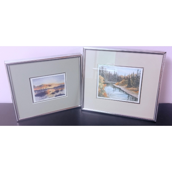 Eileen Stuart Signed Watercolor Paintings: Landscapes in Metallic Frames