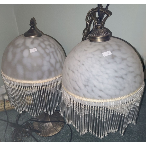 Table Lamp w/ Beaded Glass Shade 20 T, and Hanging Light Fixture 10" Diameter 