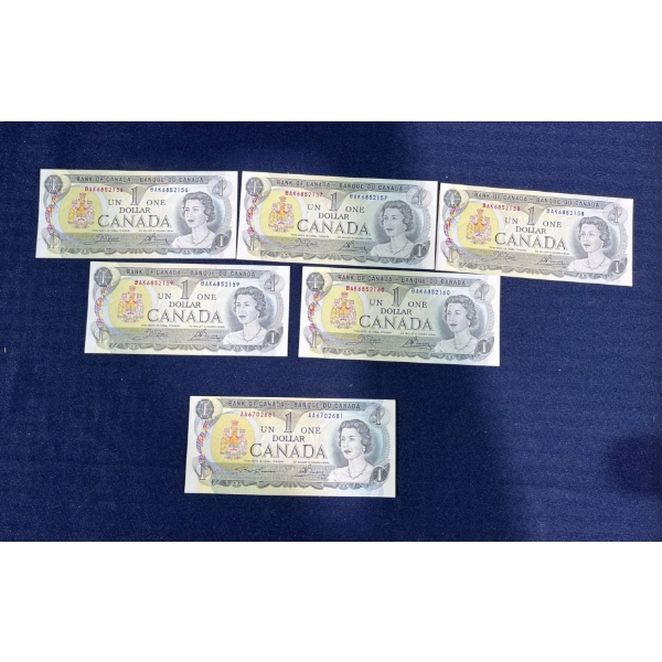 5 Sequiential Canadian 1 Dollar Bills from 1973, BAK6852156-BAK6852160 and AA6702681