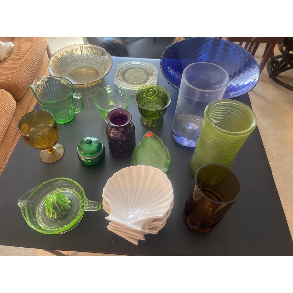 Collection of Coloured Glassware. Uranium?, Dishes, Jugs, Vases, Dishes and more.