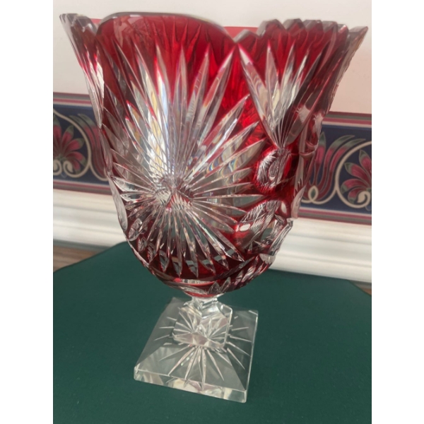 Massive Bohemian Cranberry Cut Crystal Goblet / Chalice 12T