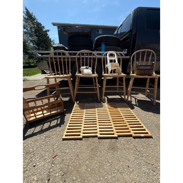 4 chairs, wood mat, magazine rack, vintage rotary phone and more