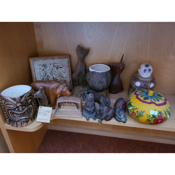 Wooden Carvings and Other Miscellaneous Decor (Some Small Chips on Ceramic Bears) 