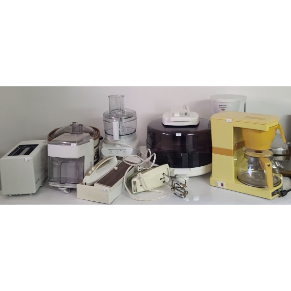 B&D Toaster, Rival Crockpot, Kitchenaid Processor, Mixer, Jet-Steam Oven ,Coffee Makers, Waffle Iron