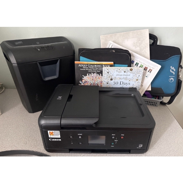 Canon Printer, Staples Paper Shredder, Laptop Carry Bag, Adult Coloring Books w/Acrylic Paints