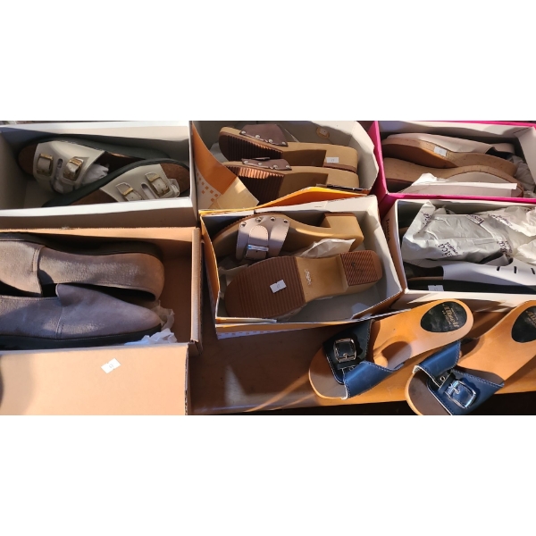 - Selection of Women's Shoes:  White w/Buckle Size 9,  Beige Wedge Size 11, Clogs Size 10