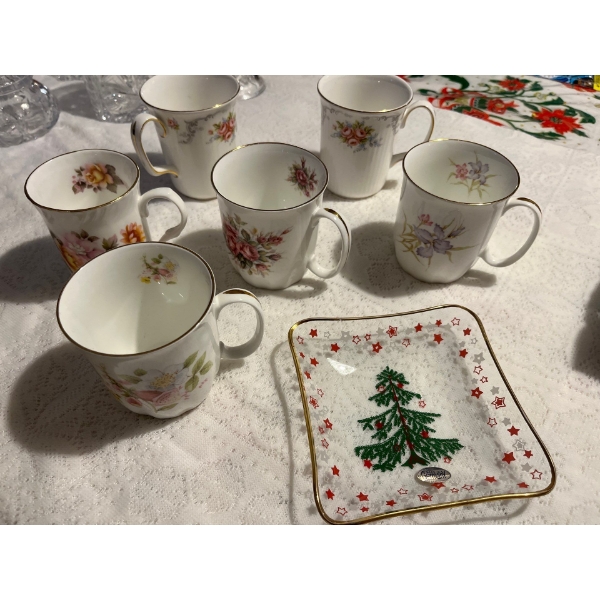 Collection of six Royal Albert coffee cups . And small candy dish made in Germany .
