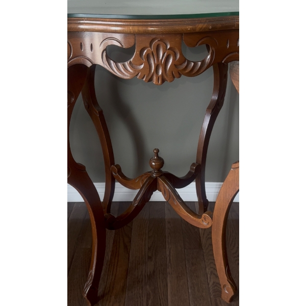 Antique Carved Wood Side Table With Glass Top and Cabriole Legs
