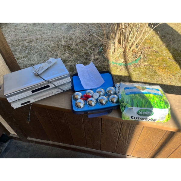 Toshiba VHS and two DVD players. Scott Supreme Grass Seed and Outdoor game "Boules"