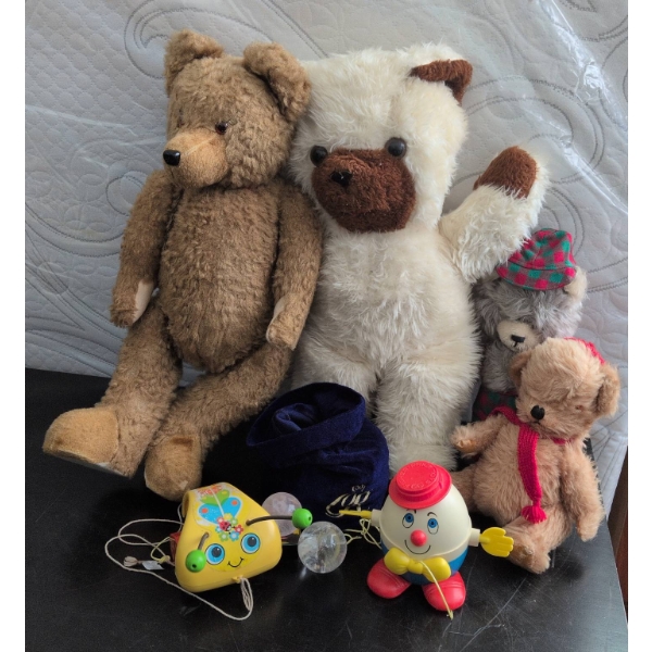 Vintage Toys Including Bears and Pull Toys with Bag FULL of Collectors Marbles