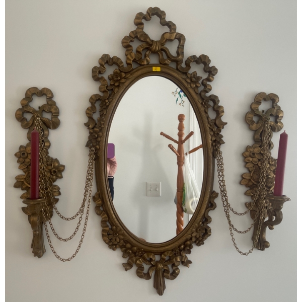 19th Century French Rococo Style Gold Gilt Mirror / Candle Sconces 19T